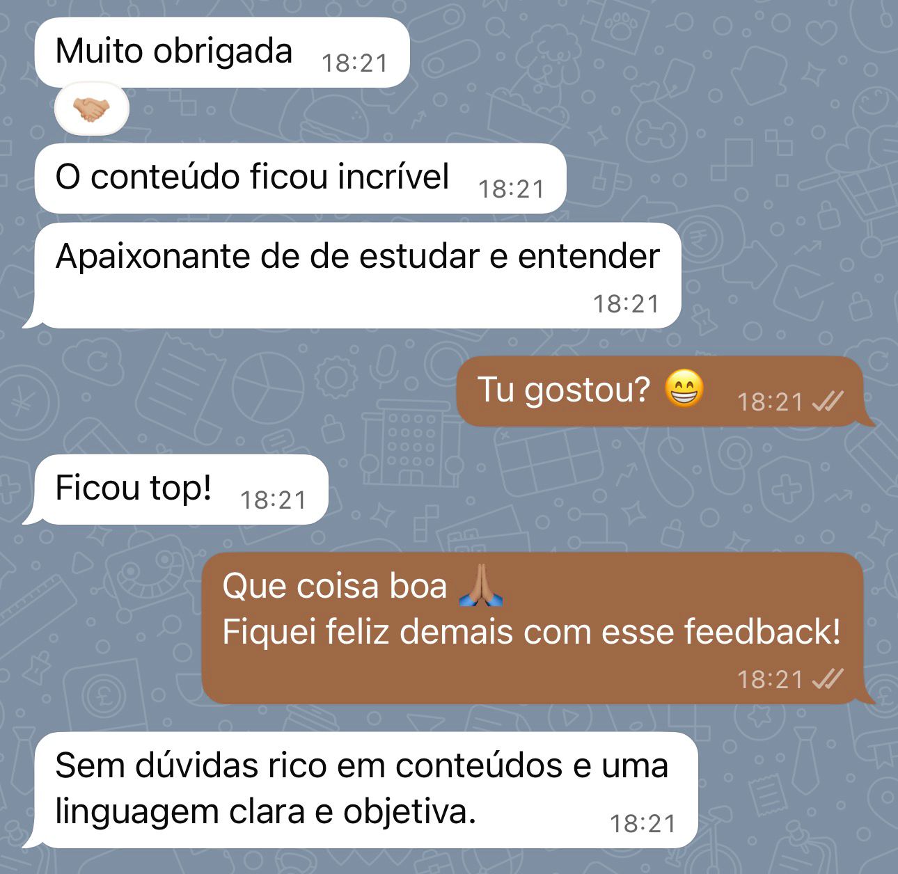 Conversa de WhatsApp com aluna elogiando o conteúdo do curso taVNS na Prática Clínica