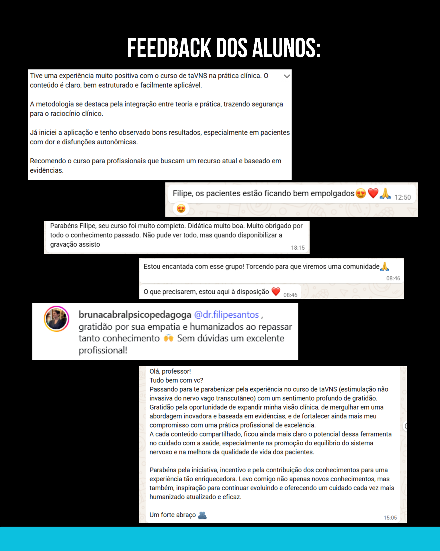 Feedbacks reais de alunos do curso taVNS na Prática Clínica enviados por WhatsApp e redes sociais