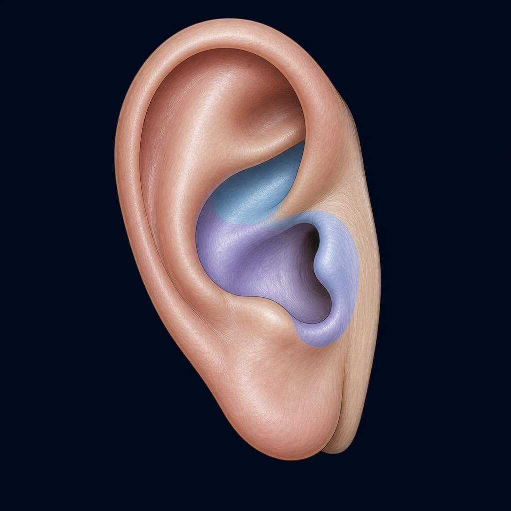 Ilustração anatômica da orelha externa mostrando concha, tragus e lóbulo