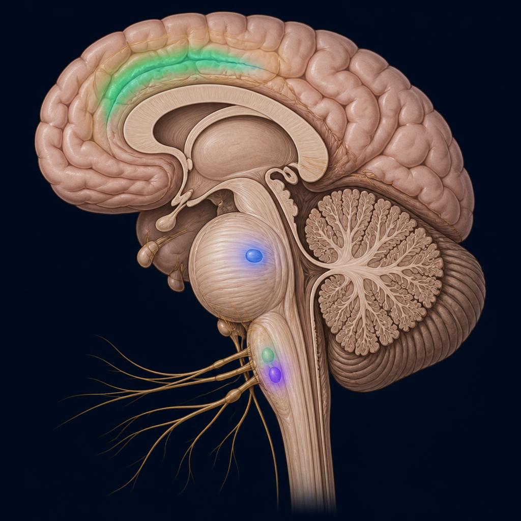 Corte sagital do encéfalo mostrando tronco encefálico e núcleos vagais
